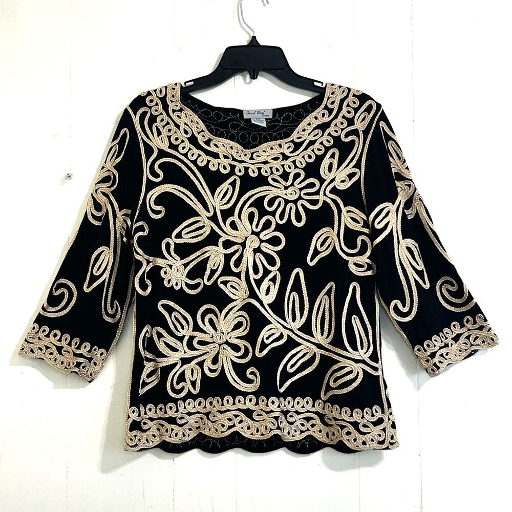 Coral Bay Top Flora Embroider Size XL Petites Black Tan Glitter Gold Blouse